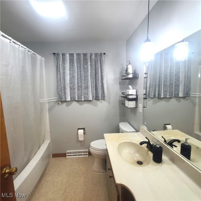 full bathroom featuring shower / bath combination with curtain, toilet, and vanity