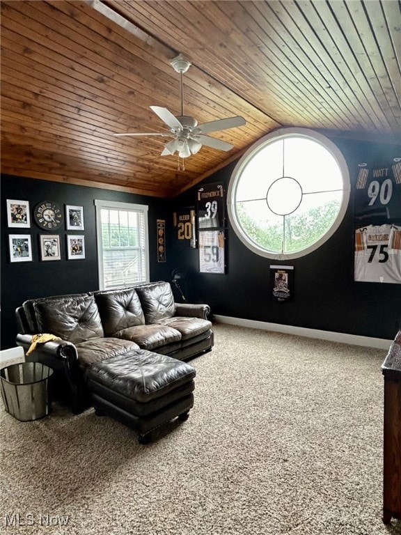 carpeted living room featuring wooden ceiling, vaulted ceiling, and ceiling fan