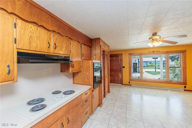 kitchen with a baseboard radiator, black oven, white electric cooktop, and ceiling fan