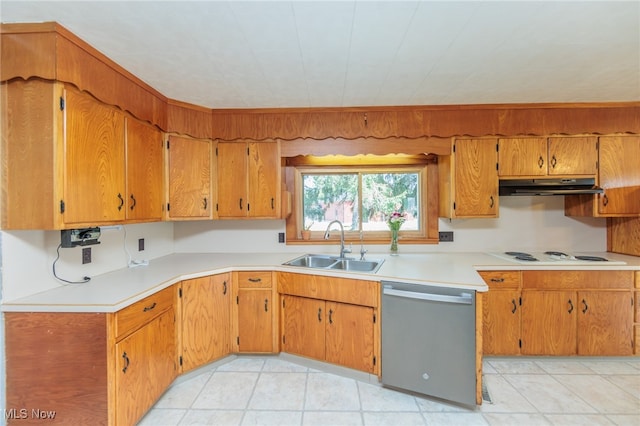 kitchen with light tile patterned floors, white electric cooktop, sink, and stainless steel dishwasher