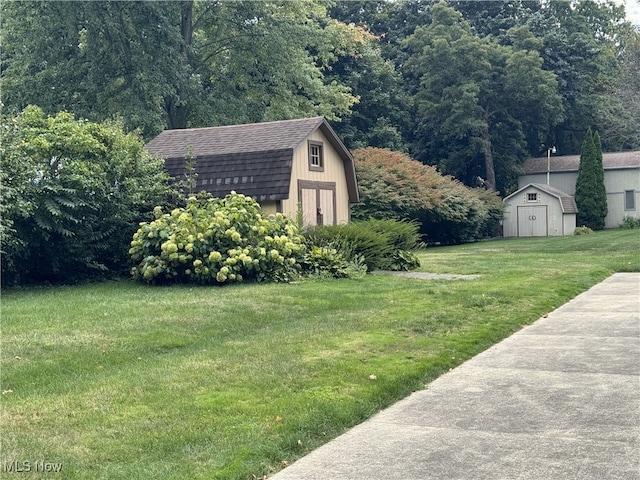 view of yard with a storage shed