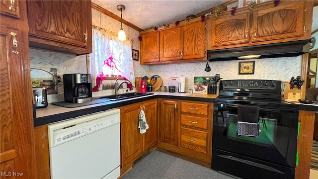 kitchen featuring white dishwasher, pendant lighting, a textured ceiling, black range with electric cooktop, and sink