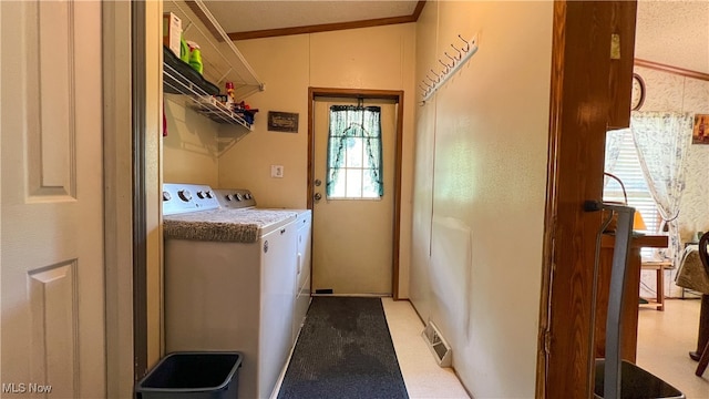 laundry area featuring crown molding, light colored carpet, plenty of natural light, and washing machine and dryer