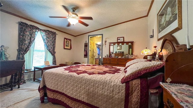 bedroom featuring a textured ceiling, vaulted ceiling, carpet floors, ornamental molding, and ceiling fan