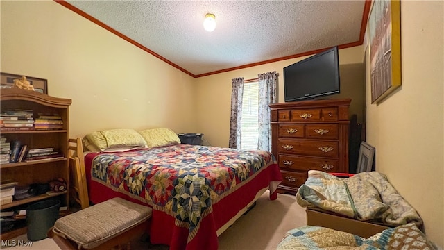 carpeted bedroom with ornamental molding, a textured ceiling, and vaulted ceiling