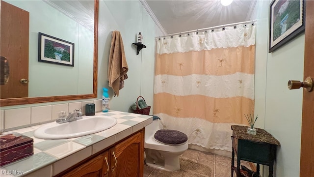 bathroom featuring tasteful backsplash, vanity, walk in shower, crown molding, and toilet