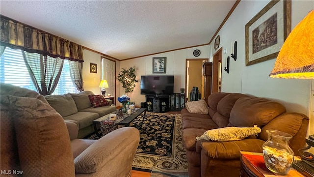 living room with a textured ceiling, lofted ceiling, crown molding, and hardwood / wood-style flooring