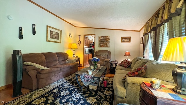 living room with a textured ceiling, ornamental molding, and vaulted ceiling