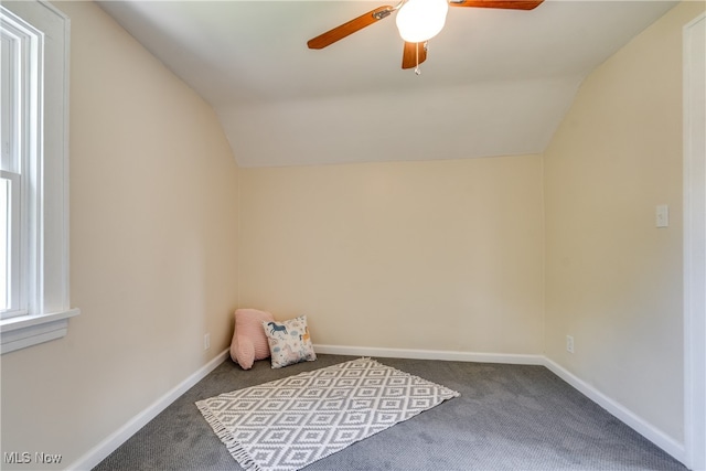 bonus room with carpet flooring, ceiling fan, and vaulted ceiling