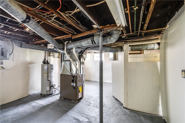 basement with gas water heater, electric panel, and heating unit