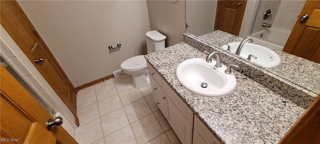 full bathroom featuring tile patterned flooring, toilet, shower / bathing tub combination, and vanity