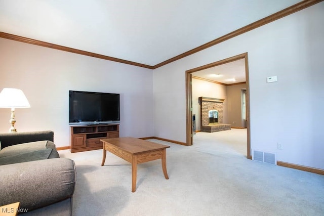 carpeted living room featuring a brick fireplace and crown molding