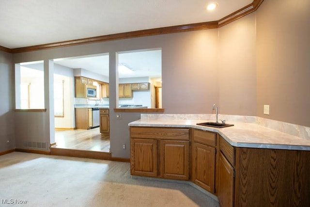 kitchen with light carpet, appliances with stainless steel finishes, crown molding, and sink