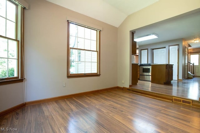 empty room featuring dark hardwood / wood-style floors, vaulted ceiling, and a wealth of natural light