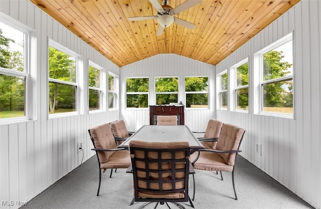 sunroom / solarium featuring wooden ceiling, lofted ceiling, plenty of natural light, and ceiling fan