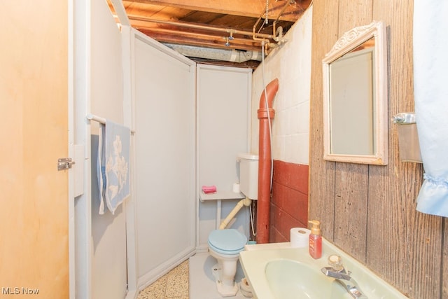 bathroom featuring toilet, wood walls, and sink