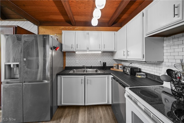 kitchen with white cabinets, backsplash, wooden ceiling, appliances with stainless steel finishes, and sink