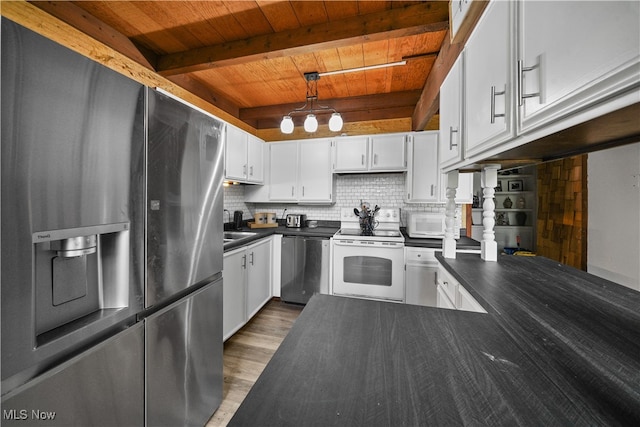 kitchen featuring backsplash, stainless steel appliances, hanging light fixtures, wooden ceiling, and beam ceiling