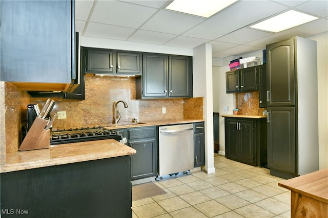 kitchen with dishwasher, backsplash, a drop ceiling, sink, and light tile patterned flooring