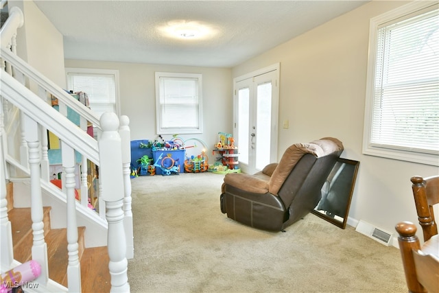 rec room featuring a textured ceiling, french doors, a healthy amount of sunlight, and carpet