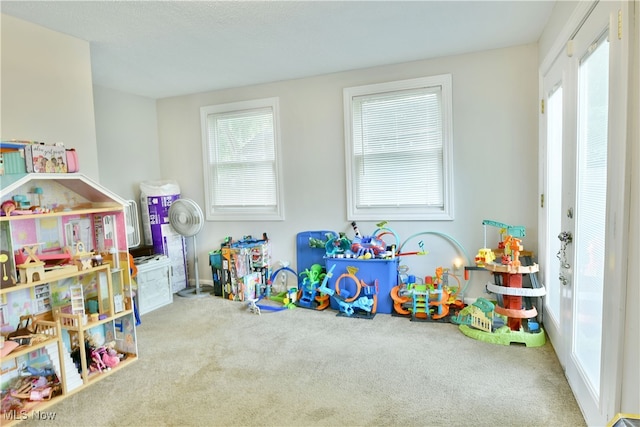 rec room with a wealth of natural light and carpet flooring