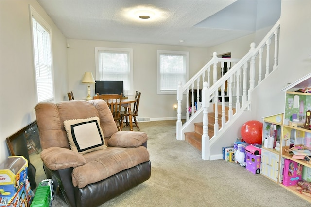 carpeted living room with a textured ceiling and a healthy amount of sunlight