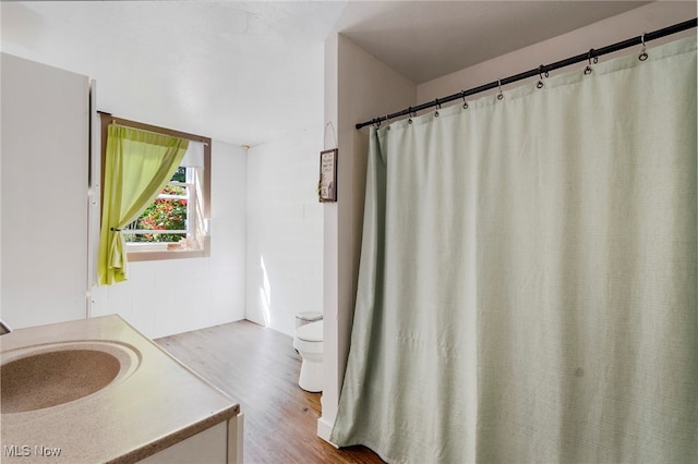 bathroom with vanity, toilet, and hardwood / wood-style floors