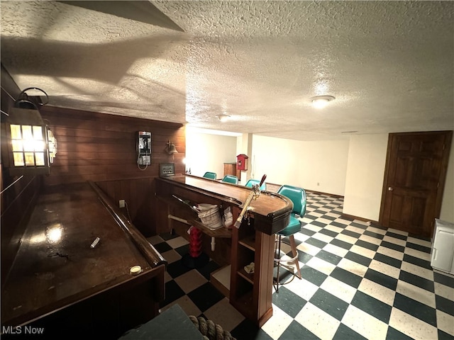 rec room with a textured ceiling and wood walls