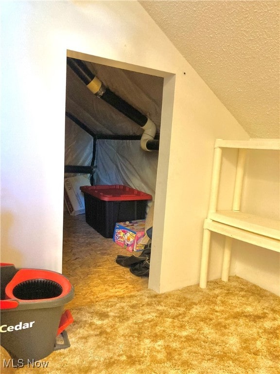 interior space with carpet flooring and vaulted ceiling