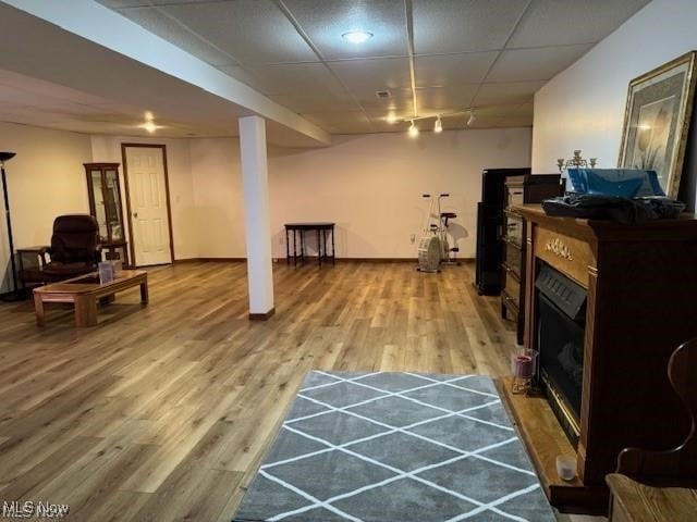 basement with track lighting, hardwood / wood-style flooring, and a drop ceiling