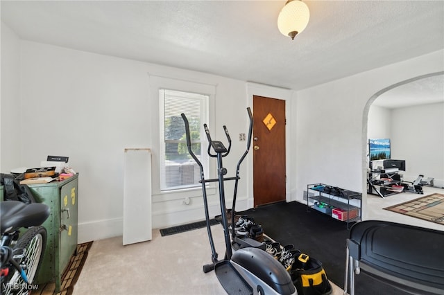 workout area featuring a textured ceiling and light carpet