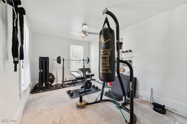 exercise area featuring ceiling fan and carpet floors