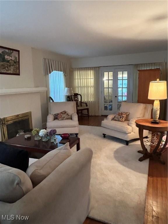 living area featuring a fireplace and wood finished floors