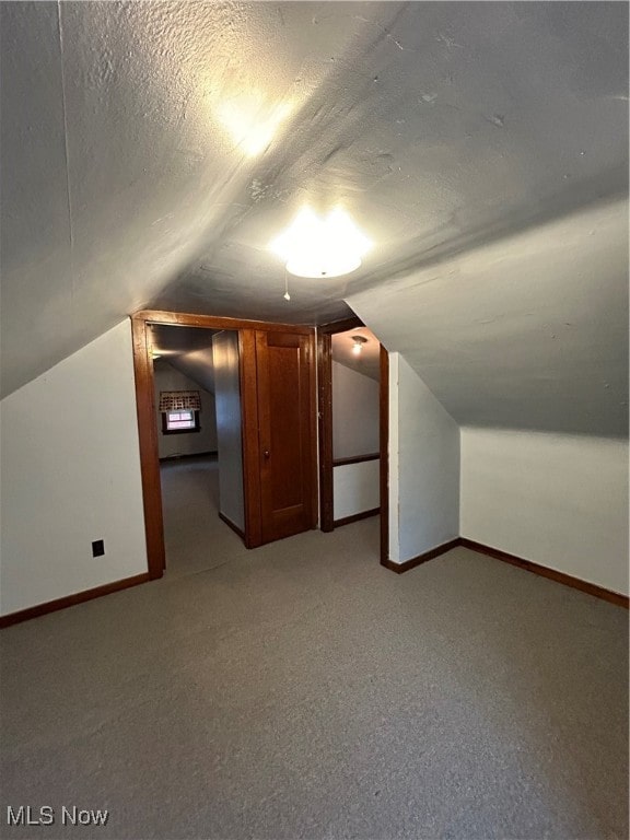 additional living space with a textured ceiling, lofted ceiling, and carpet flooring