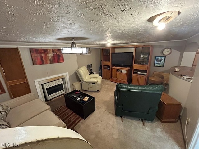 living room featuring heating unit, carpet, a fireplace, and a textured ceiling