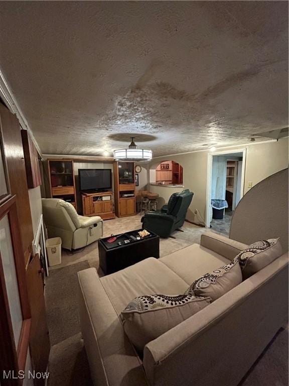 living area with a textured ceiling and light colored carpet