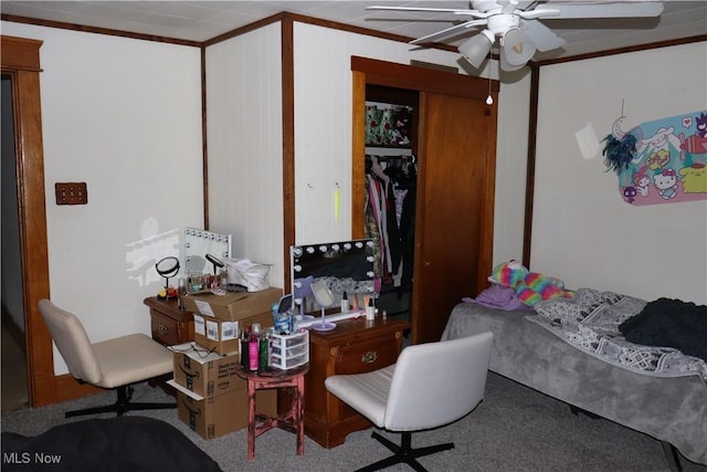 carpeted bedroom featuring crown molding