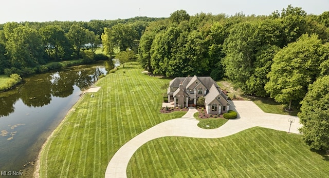 aerial view with a rural view and a water view