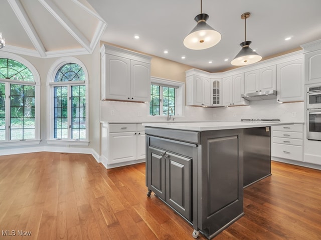 kitchen with hardwood / wood-style flooring, decorative backsplash, and white cabinetry