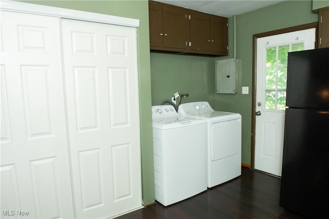 laundry room with cabinet space, electric panel, washer and clothes dryer, and dark wood finished floors