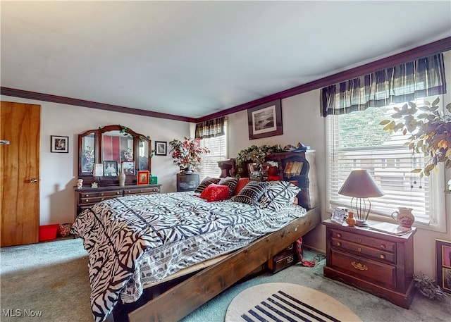 carpeted bedroom with multiple windows and ornamental molding