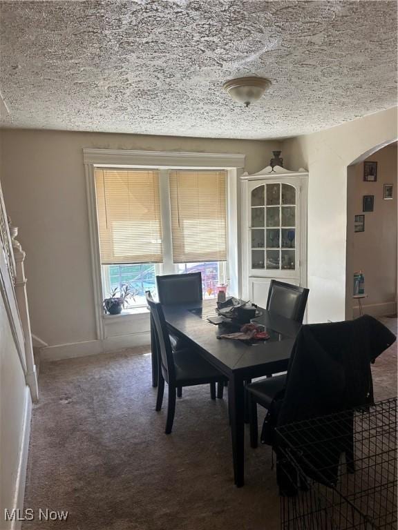 809 E 155th St, Cleveland, OH 44110 - dining space with arched walkways, carpet floors, baseboards, and a textured ceiling