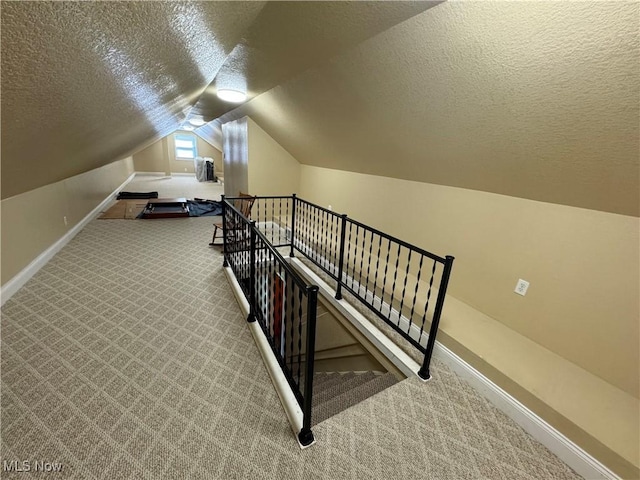 additional living space with carpet flooring, a textured ceiling, and baseboards