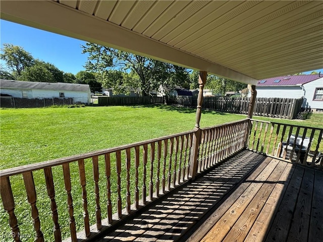 wooden deck with a fenced backyard and a lawn