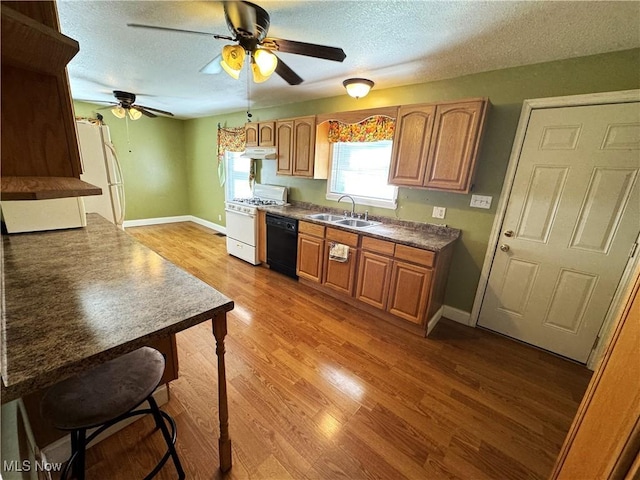 kitchen featuring white appliances, brown cabinets, wood finished floors, a textured ceiling, and a sink