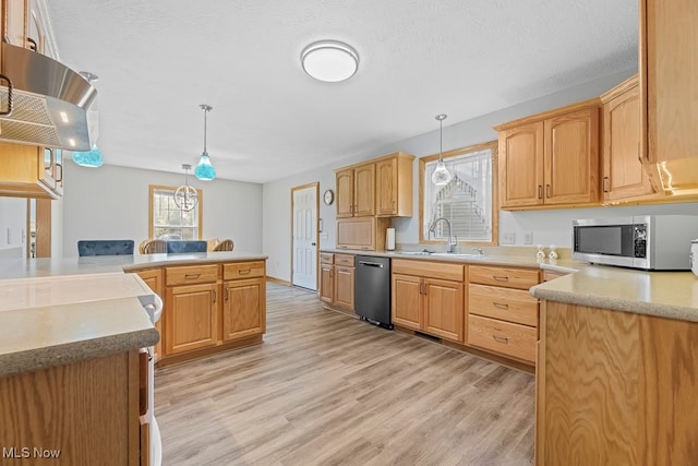 kitchen with light wood-type flooring, pendant lighting, kitchen peninsula, sink, and appliances with stainless steel finishes