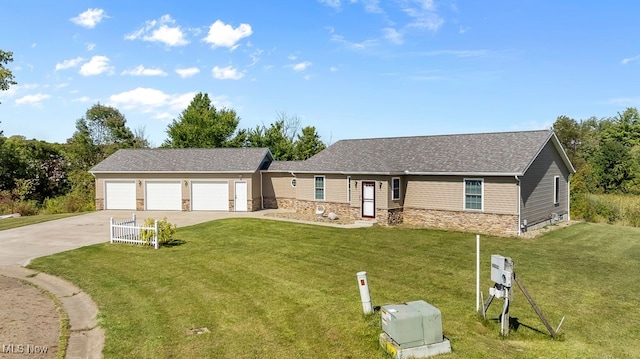 ranch-style house with a garage and a front yard