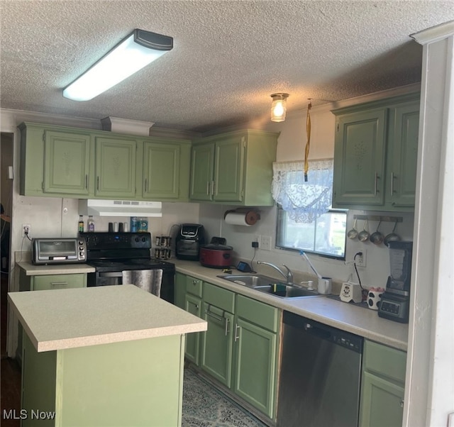 kitchen featuring green cabinets, black electric range, dishwasher, a kitchen island, and sink