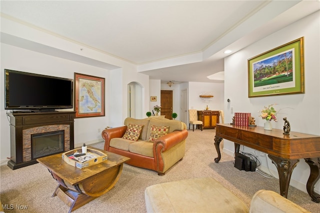 living room featuring a fireplace and light carpet