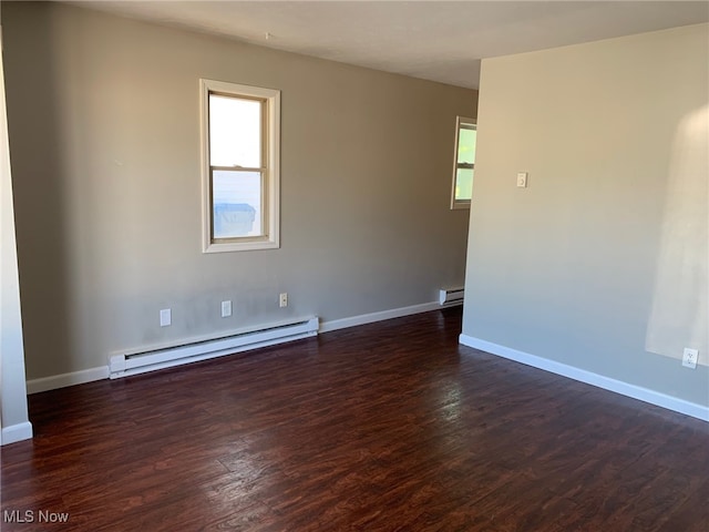 unfurnished room featuring dark hardwood / wood-style flooring and a baseboard radiator